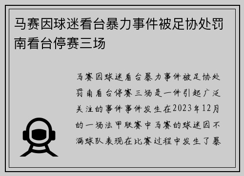 马赛因球迷看台暴力事件被足协处罚南看台停赛三场 马赛因球迷看台暴力事件被足协处罚南看台停赛三场