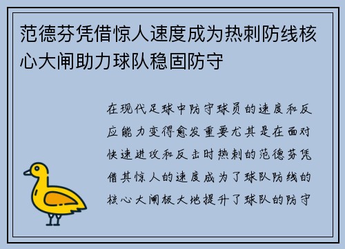 范德芬凭借惊人速度成为热刺防线核心大闸助力球队稳固防守 范德芬凭借惊人速度成为热刺防线核心大闸助力球队稳固防守